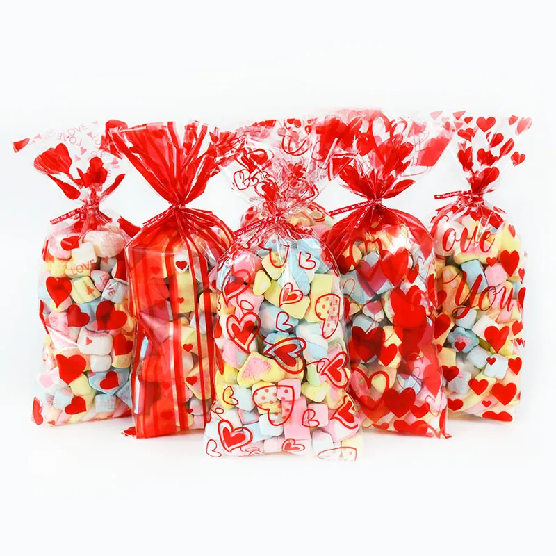 60pcs/lote vermelho coração amor design bolsa de doces plástico transparente saco de presente de celofone para decoração de festa de casamento no dia dos namorados