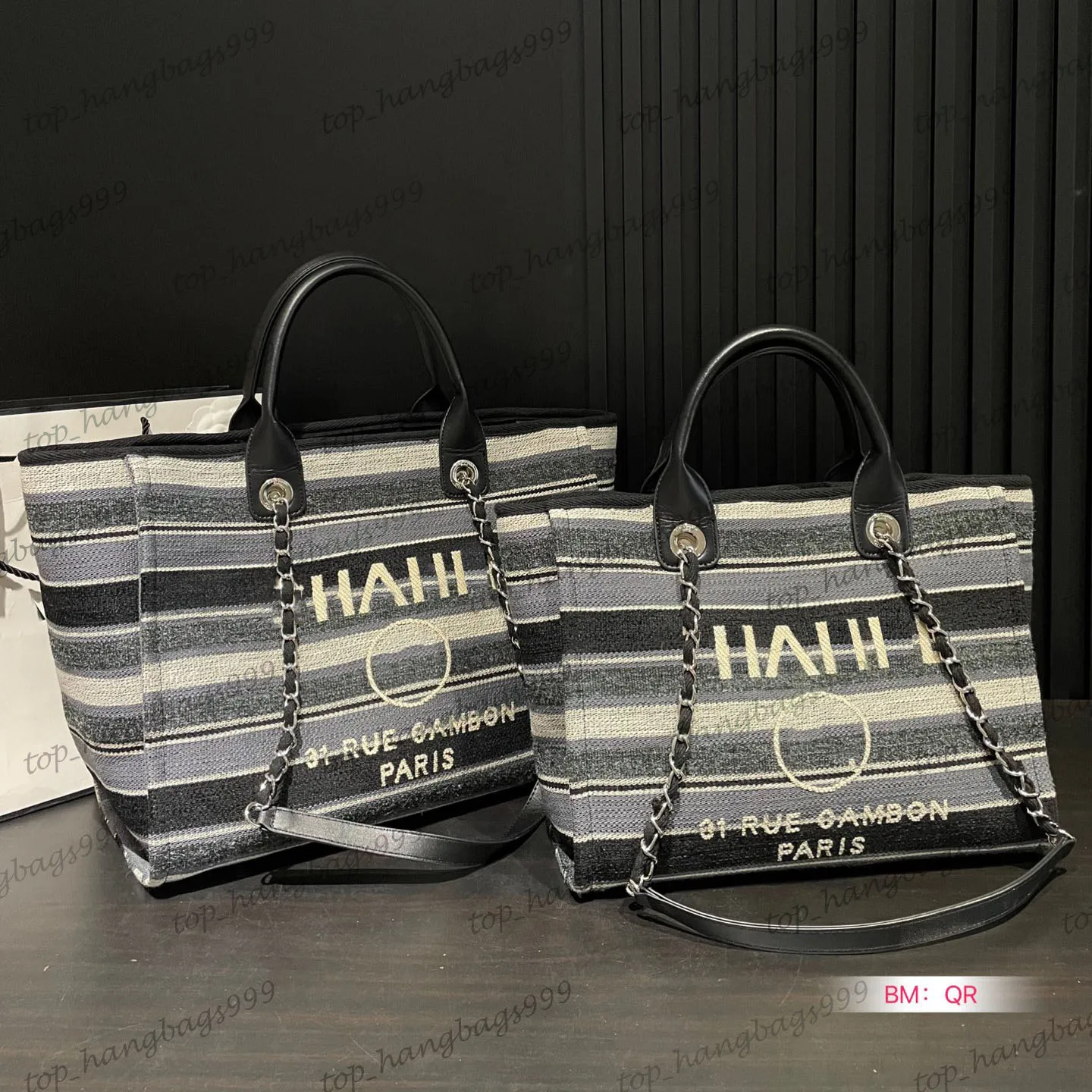 Womens Canvas Stripe Embroidery Letter Beach Shopper Shoulder Bags Deauville Clutch With Silver Chain Crossbody Handbags Large Capacity Sacoche Purse 33cm 37cm