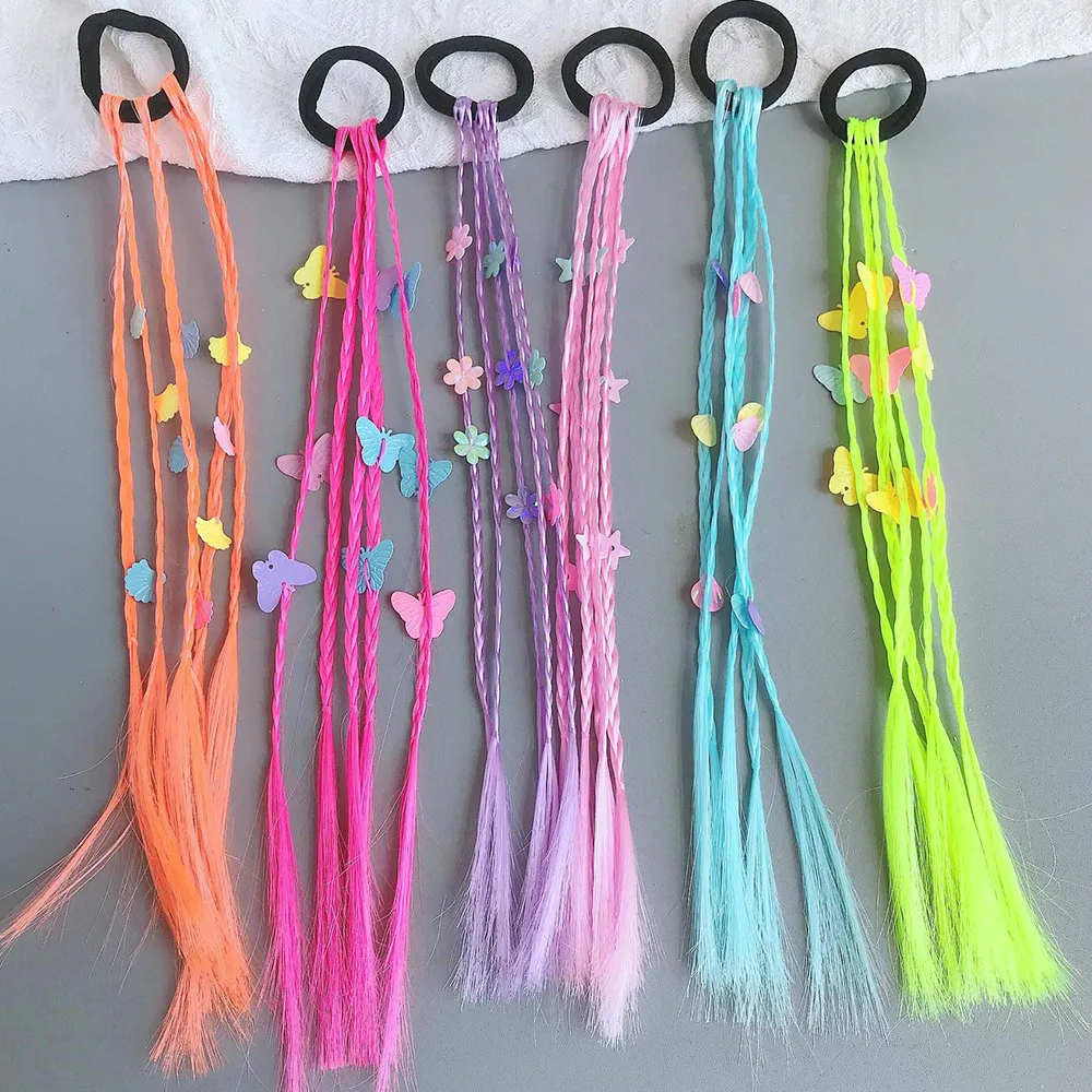 Synthetic Braids Hair Extensions for Girls Colorful Rainbow Braided Hairpieces with Rubber Bands