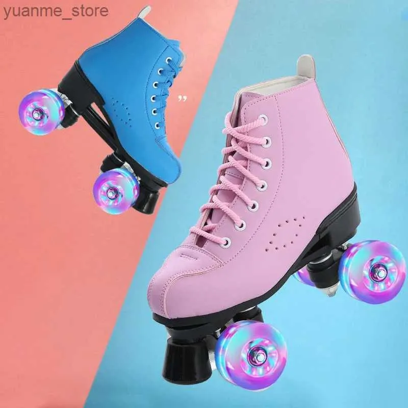 Skates à rouleaux en ligne 2020 Nouveaux rouleaux en cuir microfibre Skates homme femme chaussures de patine à extérieur 4 roues Blue Pink 34-44 Europe Taille Y240410