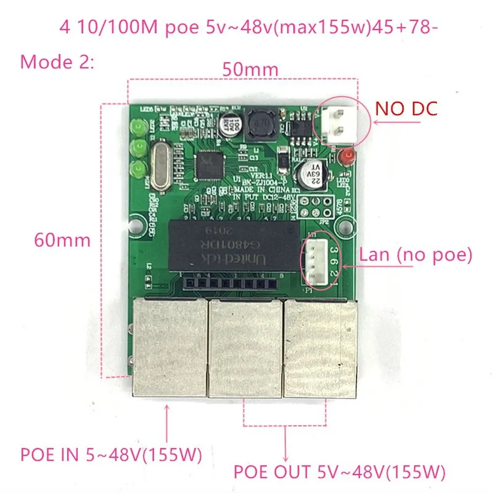 Alimentation inversée Poe Switch PoE dans / out5v / 12v / 24v / 48V 45W / 3 = 15,4W 100Mbps 802.3at 45 + 78- DC5V ~ 48V Distance Series Force Poe