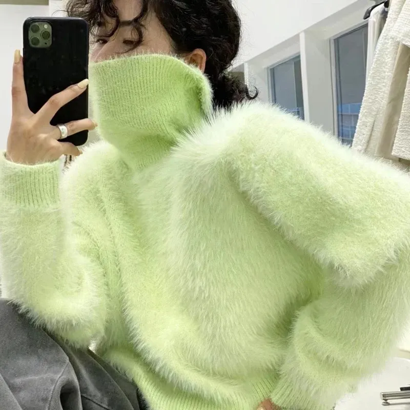 Corea chic autunno inverno inverno dolce maglioni Mohair Nuove donne di visone verde chiaro Cashmere calda corta panoratura sciolta