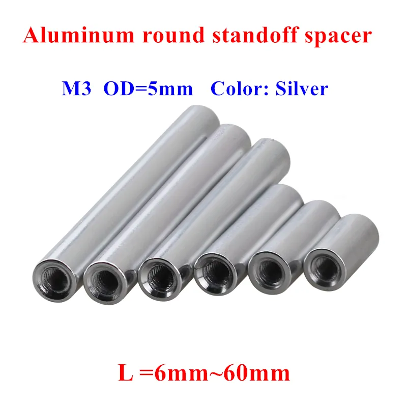 10pcs m3 colonna d'argento in alluminio m3*6/8/10/12/10/20/25/30/35/37/40/50 mm Vidie di spaziatura rotonda in alluminio.