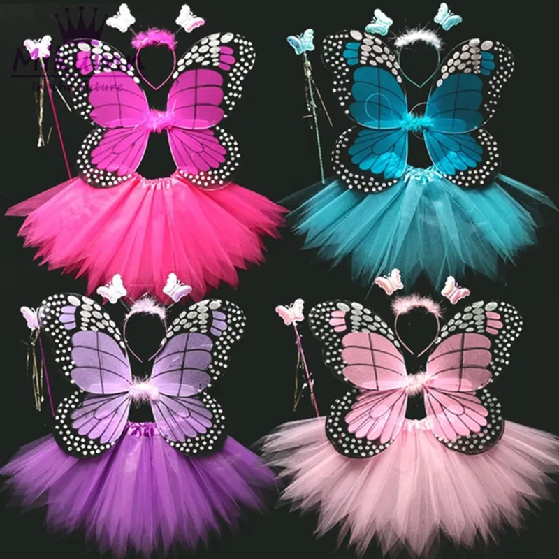 4 Piece Shining Butterfly Wing +Wand +Headband +Tutu Skirt Christmas Halloween Cosplay Costume For Fairy Girls Kids 13 Colors