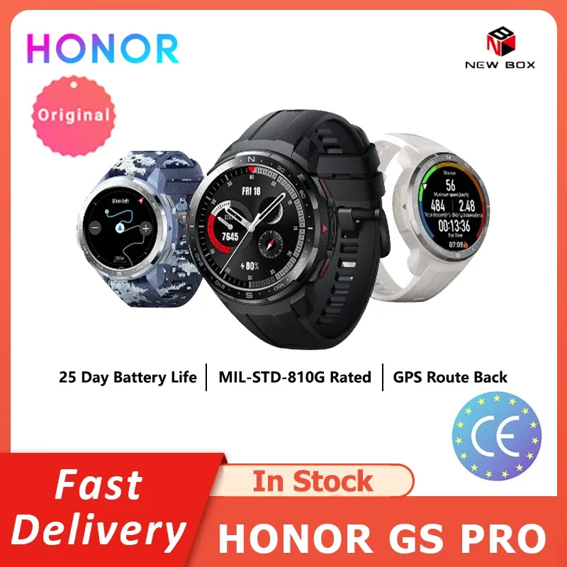 Relógios Honor Watch GS Pro original relógio inteligente AMOLED SPO2 Monitoramento de freqüência cardíaca Bluetooth Trilha 25 dias Bateria GPS Smartwatch