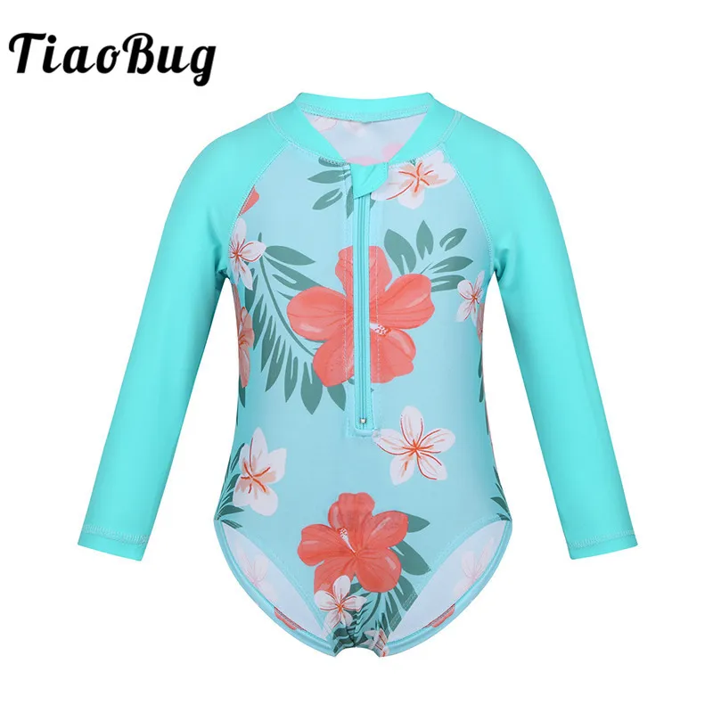 TiaoBug Baby Girls One-piece Swimsuit Long Sleeves Flower Printed Swimwear Kids Toddler Beachwear Rash Guard Child Bathing Suit