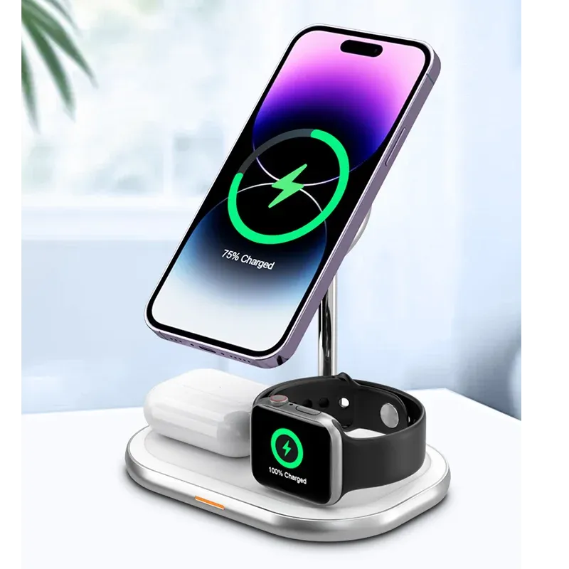 Chargers Magnetic Wireless Charger Stand für iPhone 15/14 plus/13/11 3 in 1 Wireless MacSafe Ladegerät für Apple Watch/Airpods Pro
