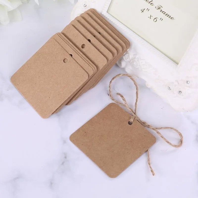 2024 New Blank Square Kraft Paper Gift Hang Tags Wedding Label Price Card Craft with 10m Jute Twine