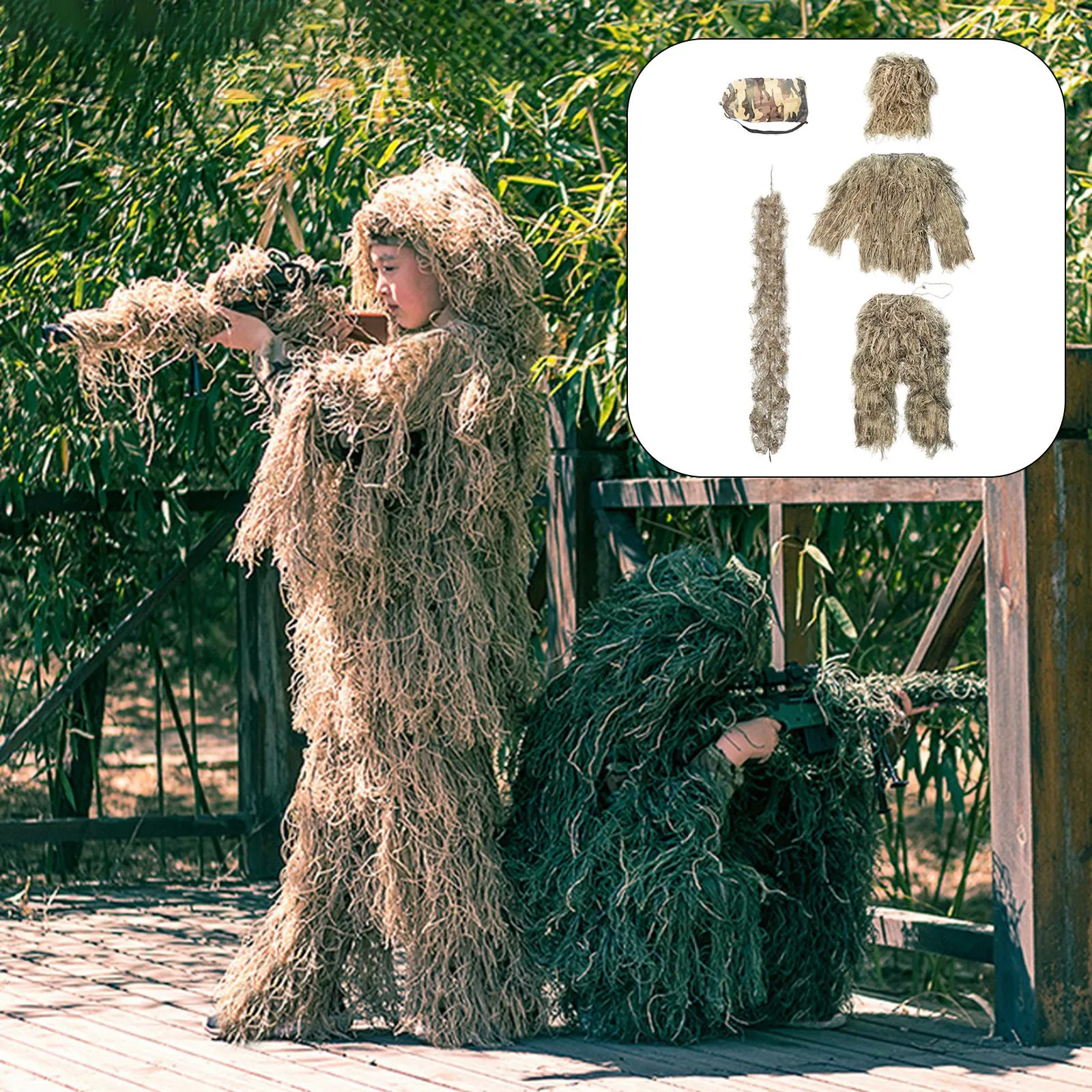 Children Ghillie Suit 3D Camouflage Clothing Woodland Gilly Suit Hunting Clothes Set for Wildlife Photography Clothing Suit