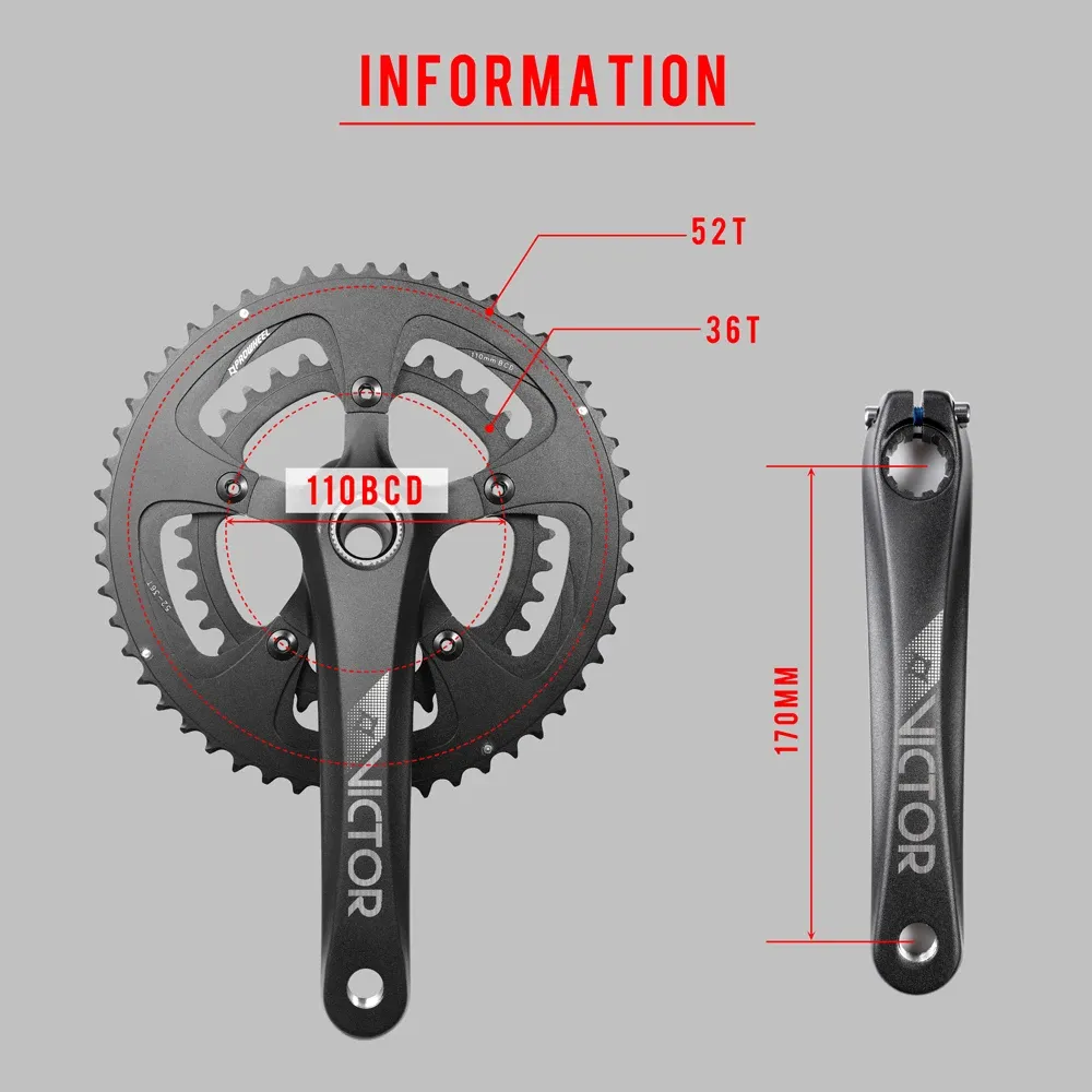 PROWHEEL ROAD 자전거 크랭크 스프로킷 세트 52-36T 110BCD 10/11 속도 170mm 중공 이중 스프로킷 958G/SET AL-ALLOY 자전거 크랭크 세트