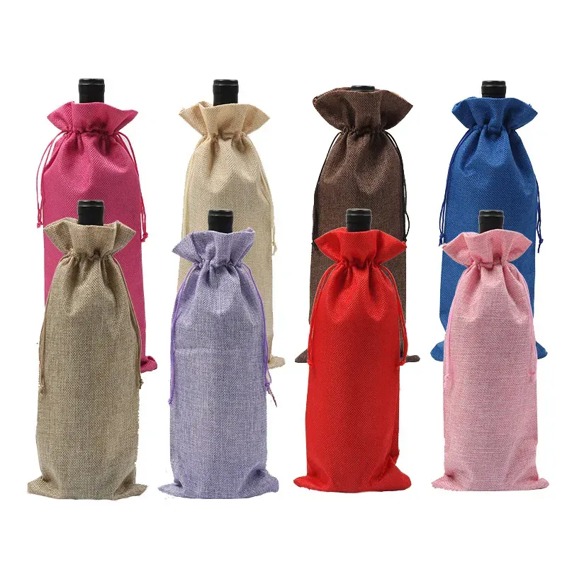 Drawstring Wine Bottle Bag Imitation Linen Liquor Bags Covers Red Wines Storage Sack Christmas Dinner Table Decorations TH1383