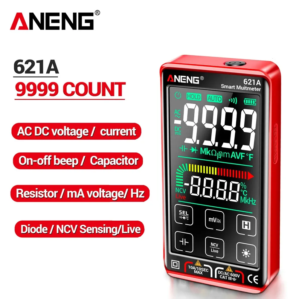 Aneng 621A MultiMeter Multimeter القابلة لإعادة الشحن MultiMeter USB شاشة اللمس المحمولة 9999 التهم RMS Auto Range DC/AC 10A متر