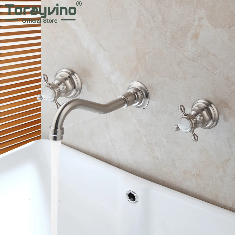 Torayvino Nickel gebürstet 3 Stcs Badezimmer Wasserhahn Set Becken Waschbecken Wandmontierter Wasserfall Wasserhahn Badewaschbedecker Wasserhahn Wasserhahn