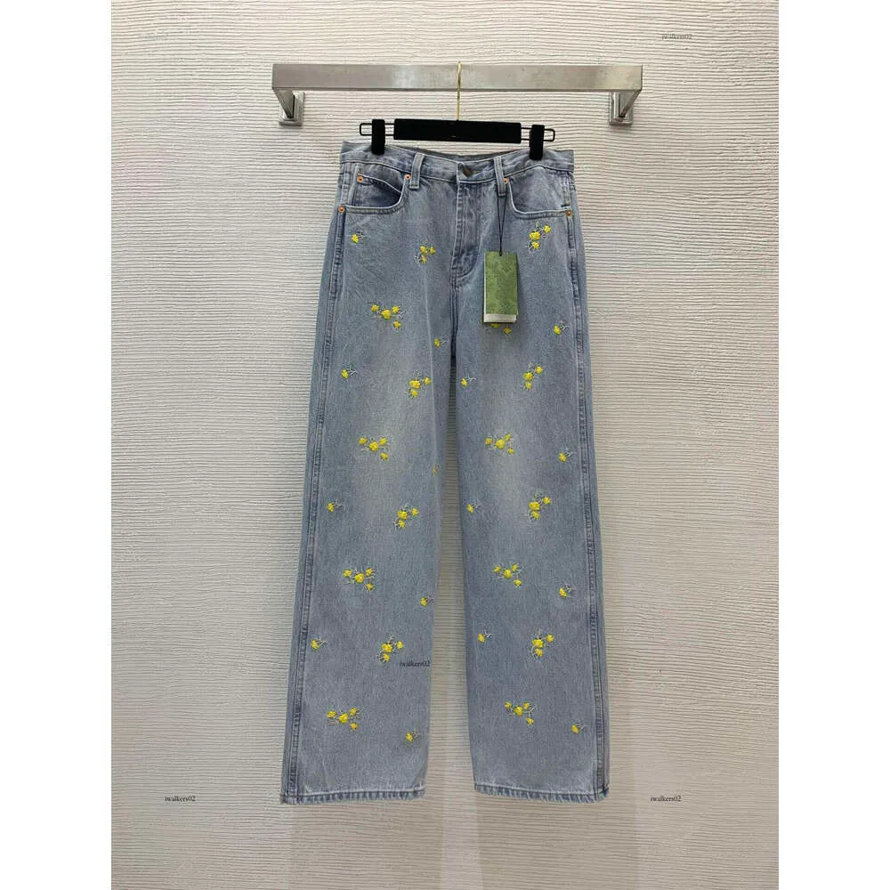 Brand Jeans Women Jean designer pants Fashion Yellow flower embroidery LOGO denims Pants woman High waist, straight tube and wide legs denims trousers Apr 10