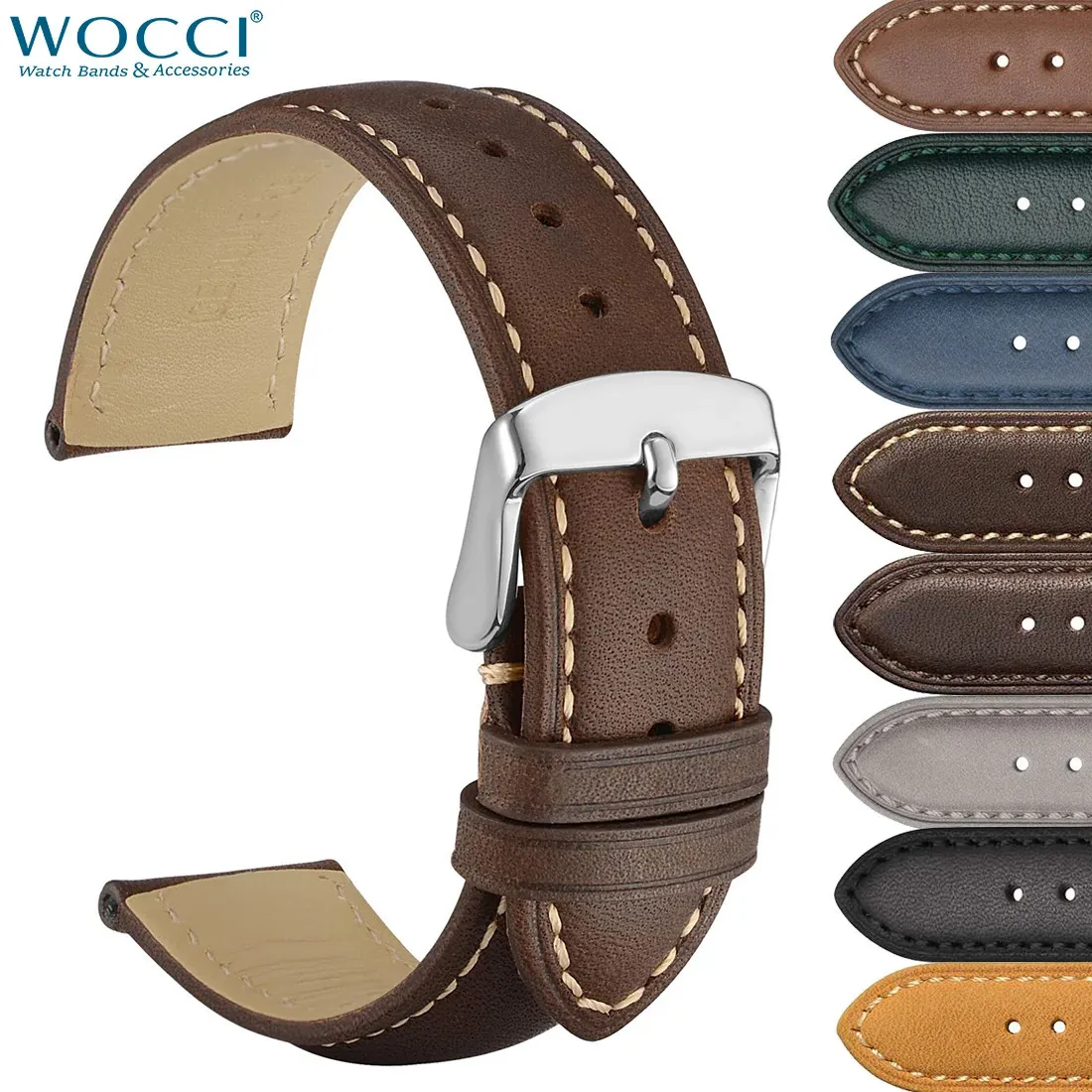 WOCCI Genuine Leather Watch Strap 14mm 16mm 18mm 19mm 20mm 21mm 22mm 23mm 24mm Replacement Bands Bracelet for Men Women 240408