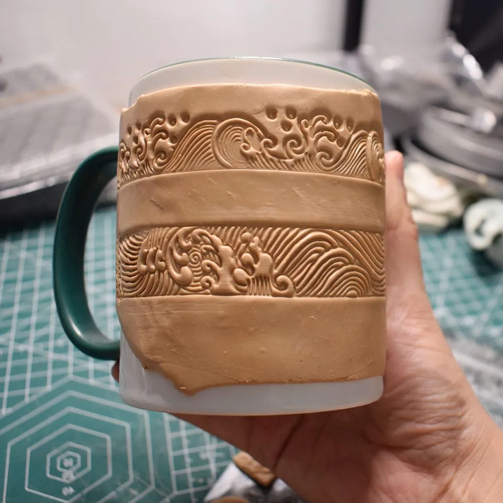 Polymer Clay Mugs Embossing Stamp Sheet With Chinese Pattern Wave Lace