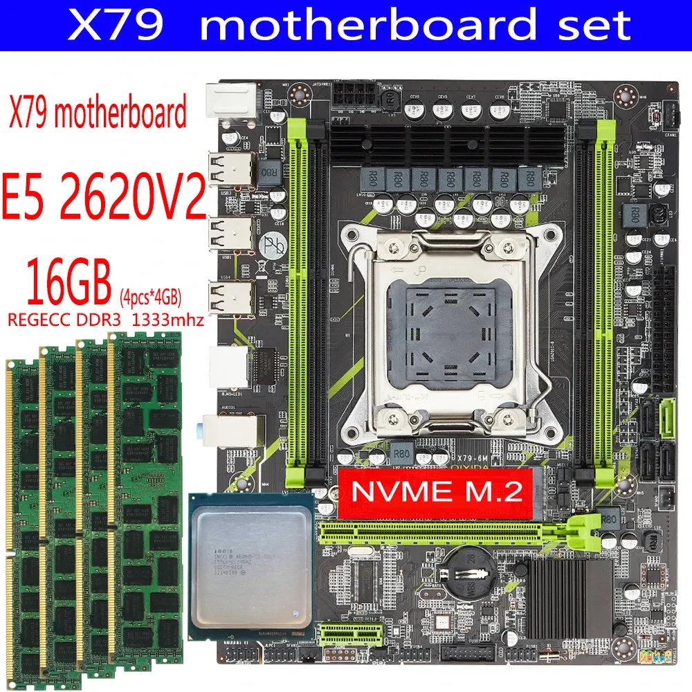 Placas -mãe x79 Conjunto de placa -mãe 4DDR3 LGA 2011 E5 2620 V2 CPU 4pcs x 4GB = 16 GB DDR3 1333MHz Memória