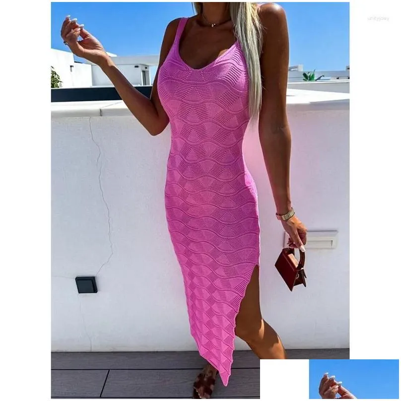Women Swimodwear 2023 Knittted Tunika Bikini-ups y Slim Slit Strappy Dress Women Summer Sundress Przez Er Up Beach Drop dostawa dh1ns