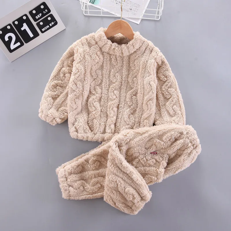 Children Clothing Baby Boys Girls Pullover Sweater Knitted Long Sleeve Solid Tops Plush Pants Set Fall Winter Kids Clothes