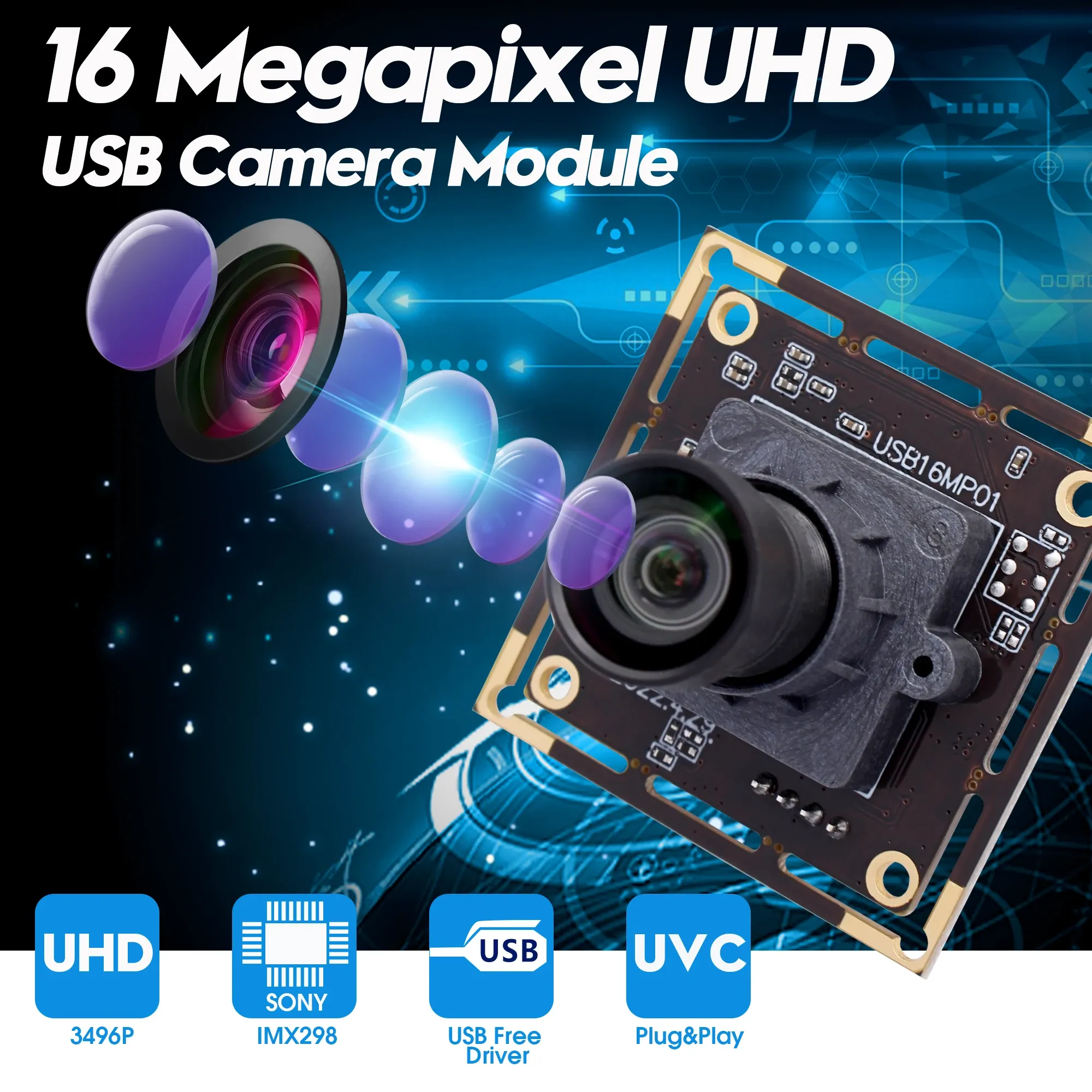 Webcams 16MP IMX298 Manuel Focus fixe Module de caméra USB Aucun objectif de distorsion 16 Megapixel 4656 * 3496 webcam pour Windows Android Linux Mac