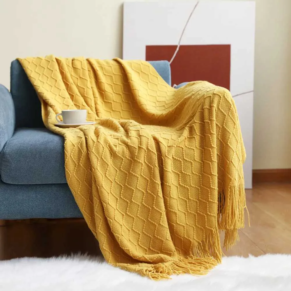毛布ノルディックニットソファベッドとトラベルの重み付き昼寝用毛布のブランケットカジュアルな快適な温かい格子縞のタッセルタペストリーピンクBL