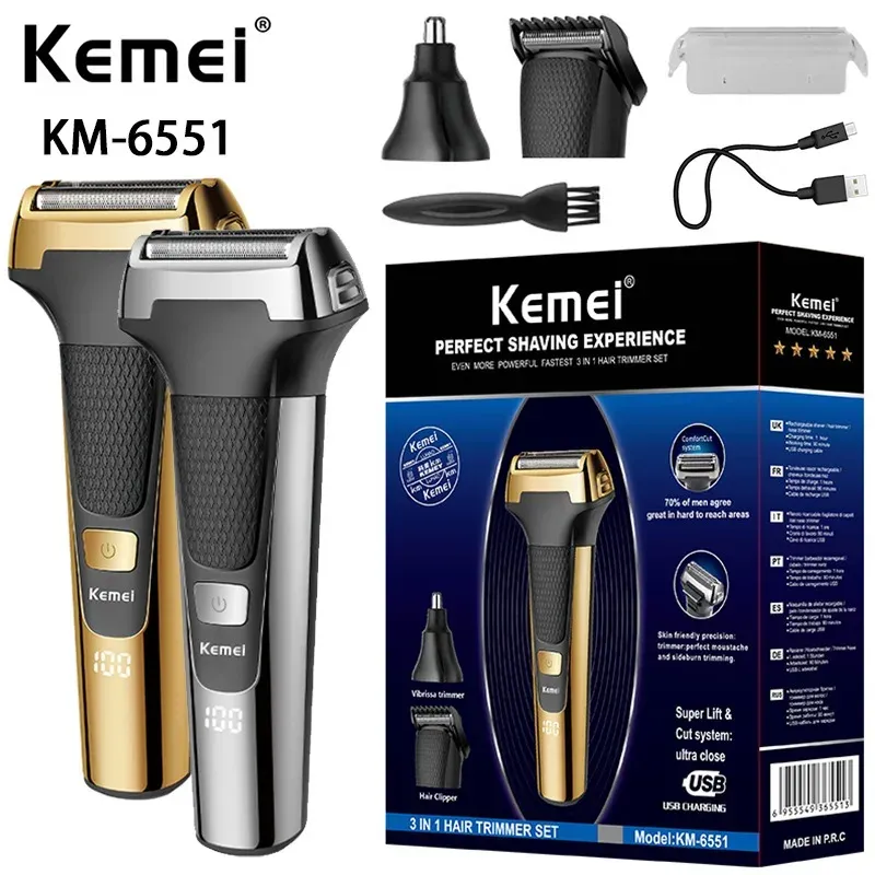 Shavers 3 na 1 Hair Shaver Trimmers Beard Man's Grooming Kemei KM6551 USB LED Electric Razor Beard Broda Tekmer Thaving Maszyna do golenia dla mężczyzn