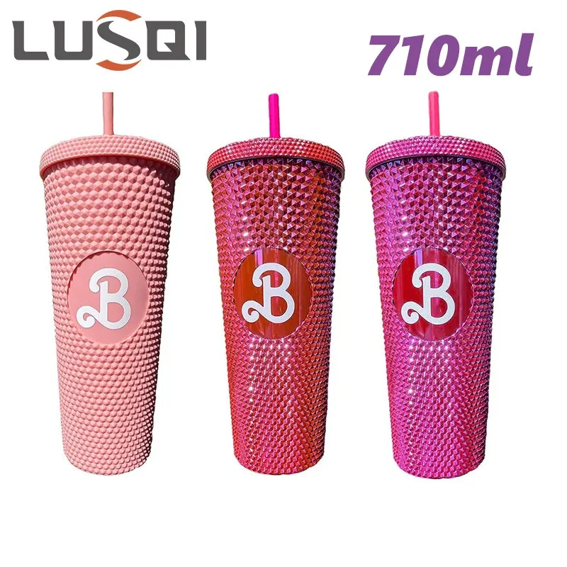Lusqi 710ml 플라스틱 컵 밀짚 대용량 재사용 가능 - 창조적 인 두리안 패턴 음주 컵 240409