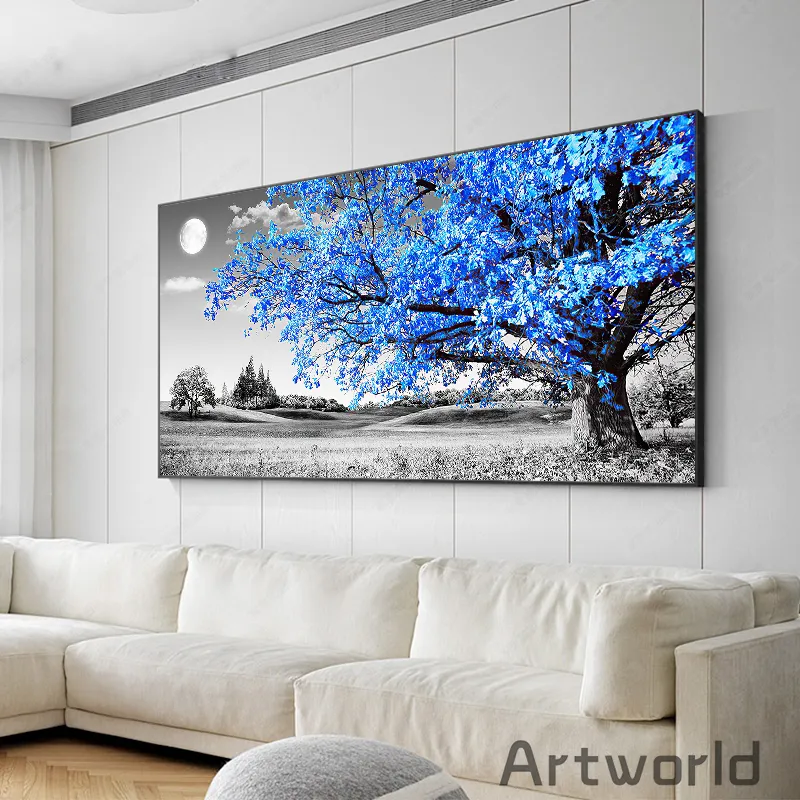 Árbol azul moderno arte en blanco y negro paisaje imágenes de pared de pared