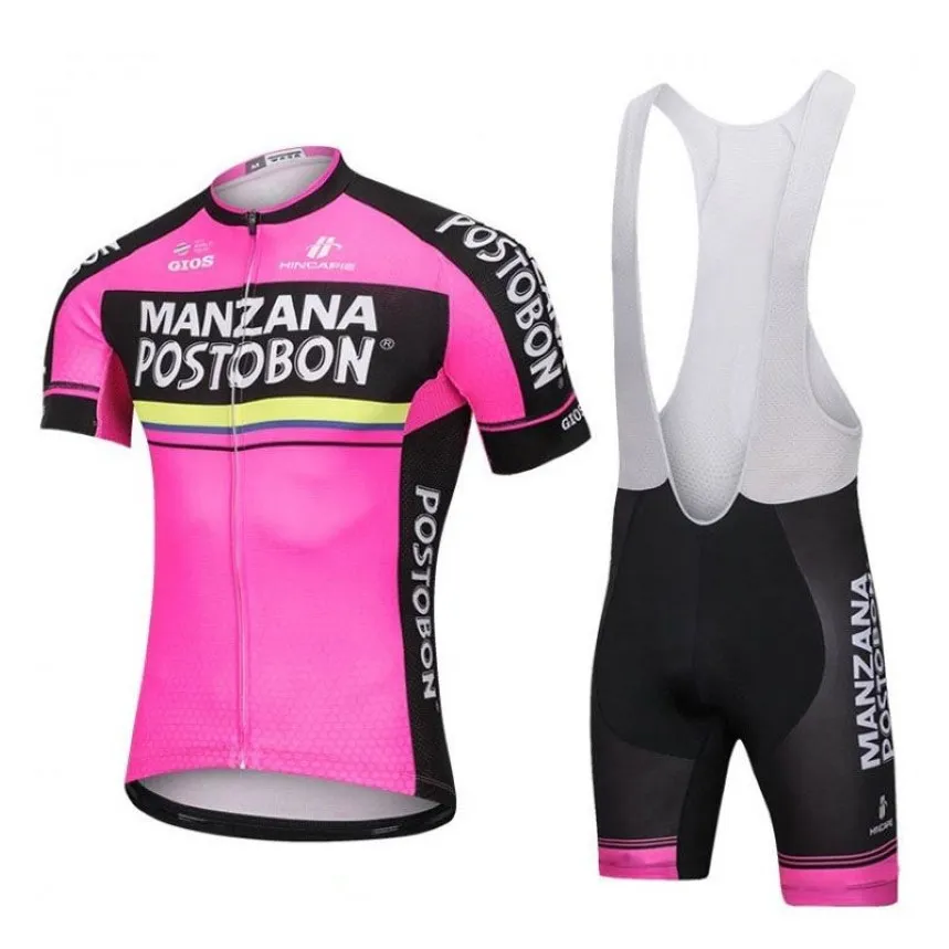 Manzana Postobon Team Cycling korta ärmar Jersey Bib Shorts Ställer in ny ankomst 3D Gel Pad Hela toppkvalitet U71859268T