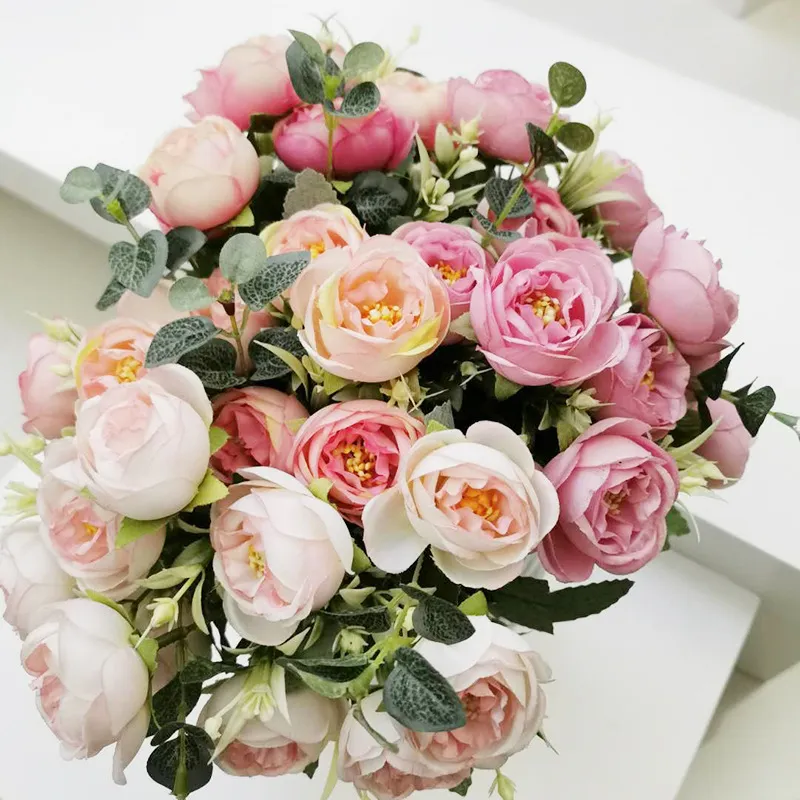 10 Cabeças Europeias Vintage Artificial Seda Tea Rose Flowers Bouquet Retro Fake Flower Wedding Home Party decoração DIY
