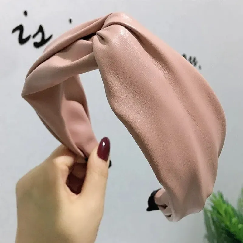 Korean Fashion Trendy PU Leather Headband Wide Crossing Knot Headbands Simple Face Hairpin Ladies Hair Hoop