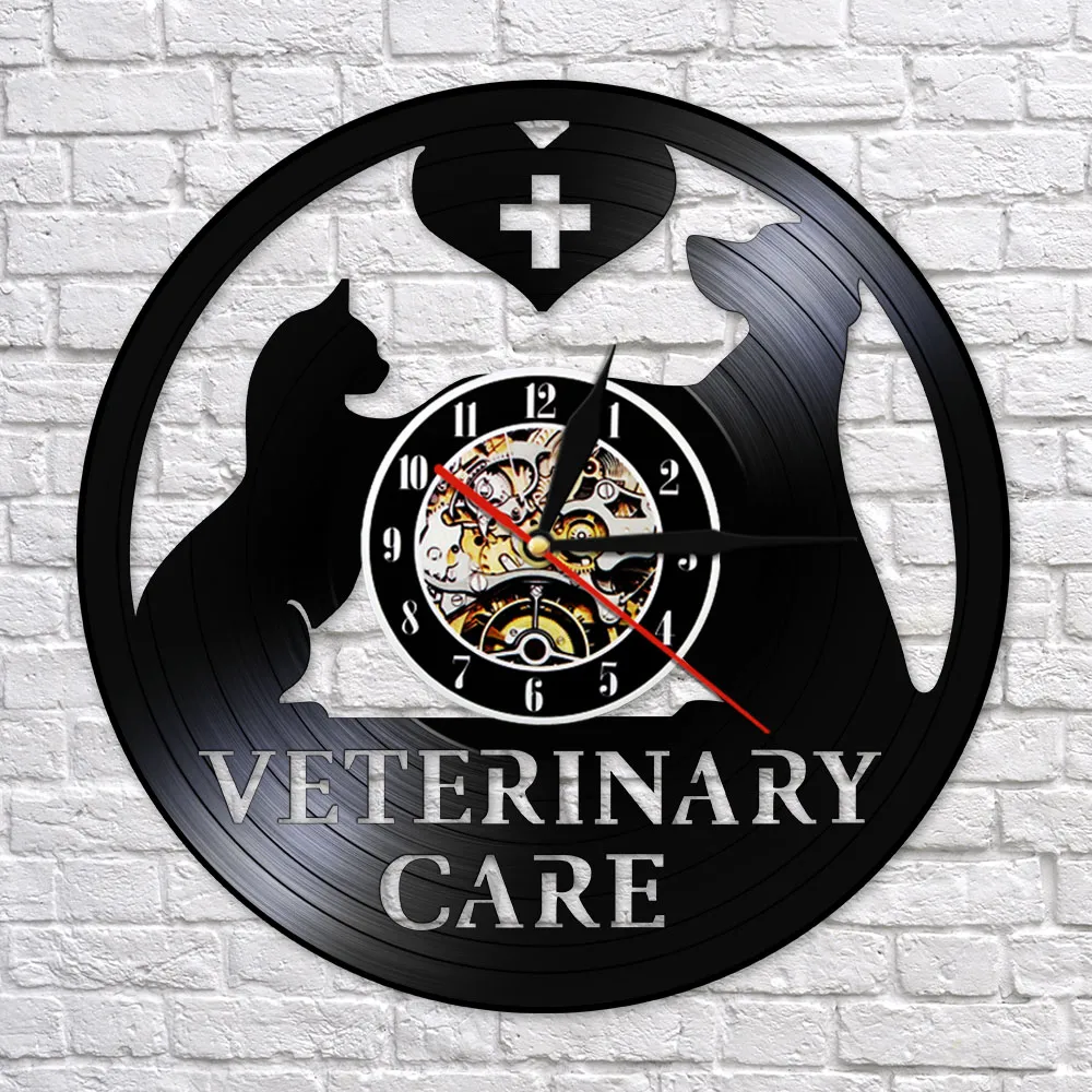 Hôpital de soins vétérinaires Vinyl Record Wall Clock Cat Clat Clinic Time Services de santé Slient Watch Amour Amour Pet Vet mignon Cadeau