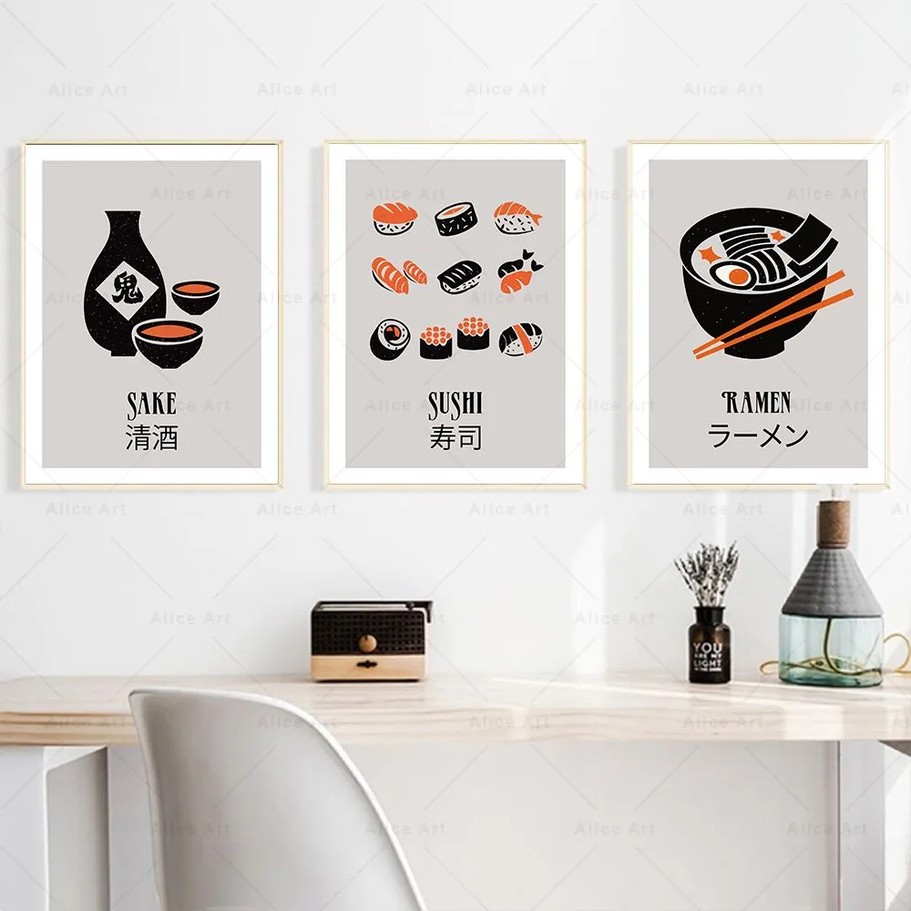 Impresiones de arte de pared de comida japonesa Sake Funny Sushi Ramen Noodles Cartel de la cocina Pintura Fotos para la sala de estar Decoración del hogar