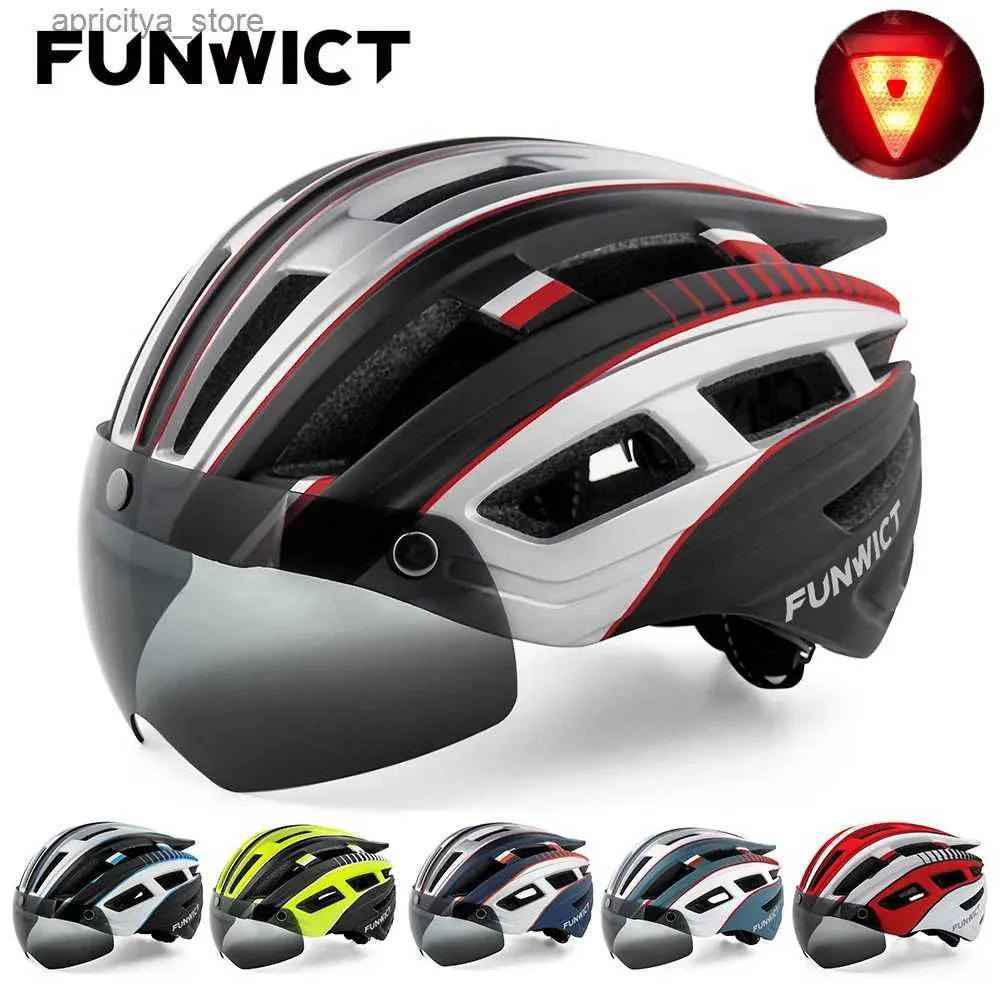 Fietsen helmen funwict fiethelm voor mannen vrouwen magnetische goggs ns zon vizier d achterlicht fietsen veiligheid mtb road scooter fiets helm l48