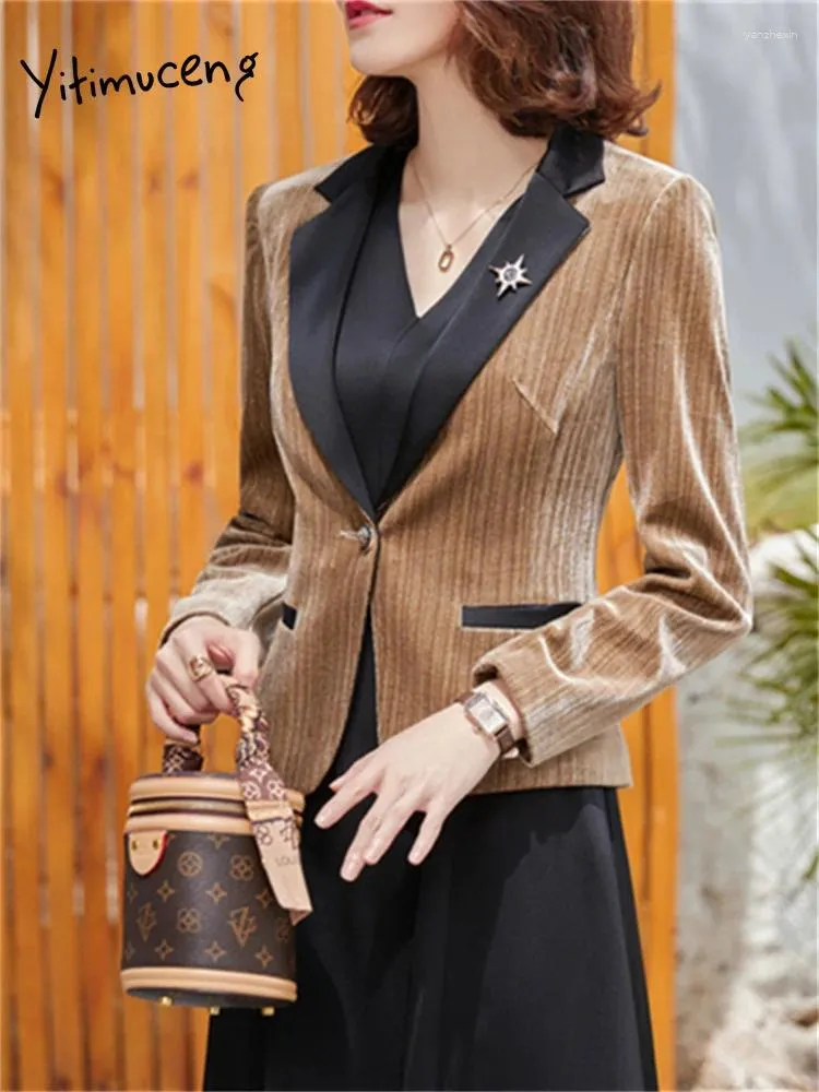 Costumes de femmes Yiticung Slim Blazers for Women 2024 Fashion Office Dames Patchwork Reprod Down Collar Veste Vintage Casual Long Manneve