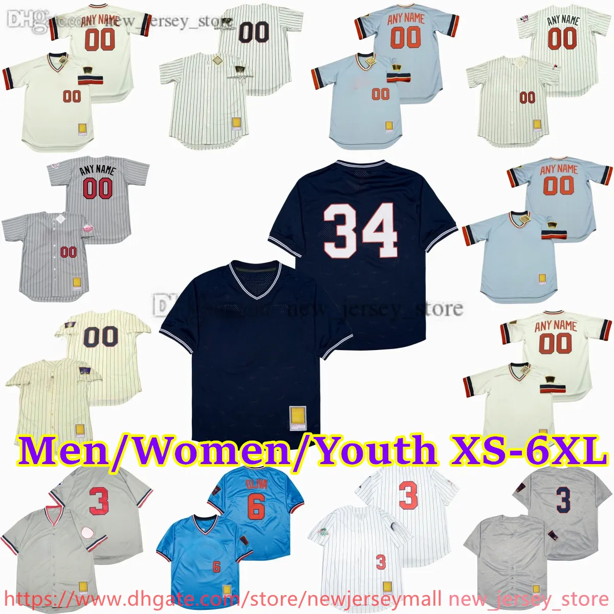 Niestandardowy XS-6xl Film Baseball Jersey 34 Kirby Puckett 3 Harmon Killebrew Tony Oliva Rod Carew Torii Hunter Dan Gladden Kent Hrbek Jim Kaat David Ortiz Jerseys