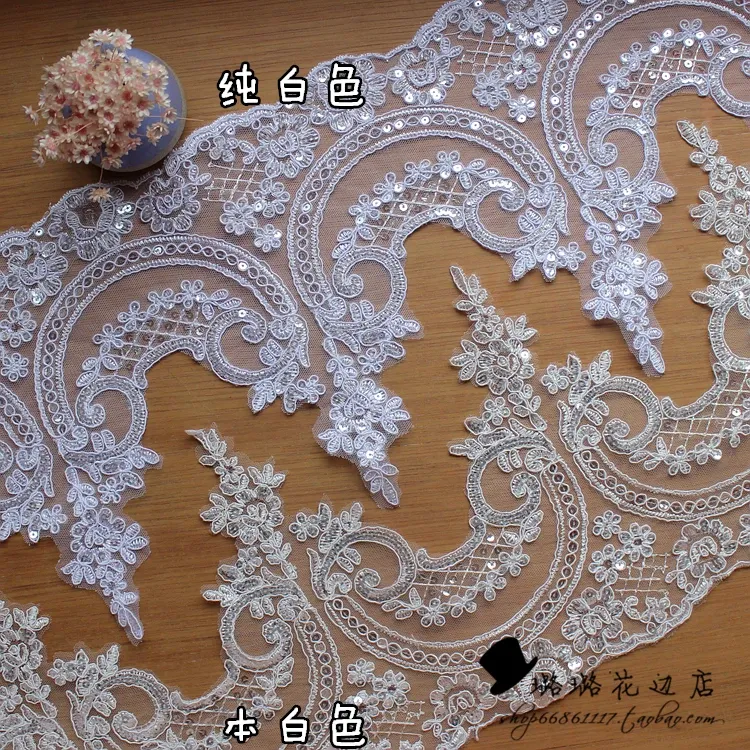 1yard/23cm de tecido de lantejoulas de lantejoulas brancas Flores de tecido venise veneza malha de renda de renda Apliques de costura para casamento de dezembro.