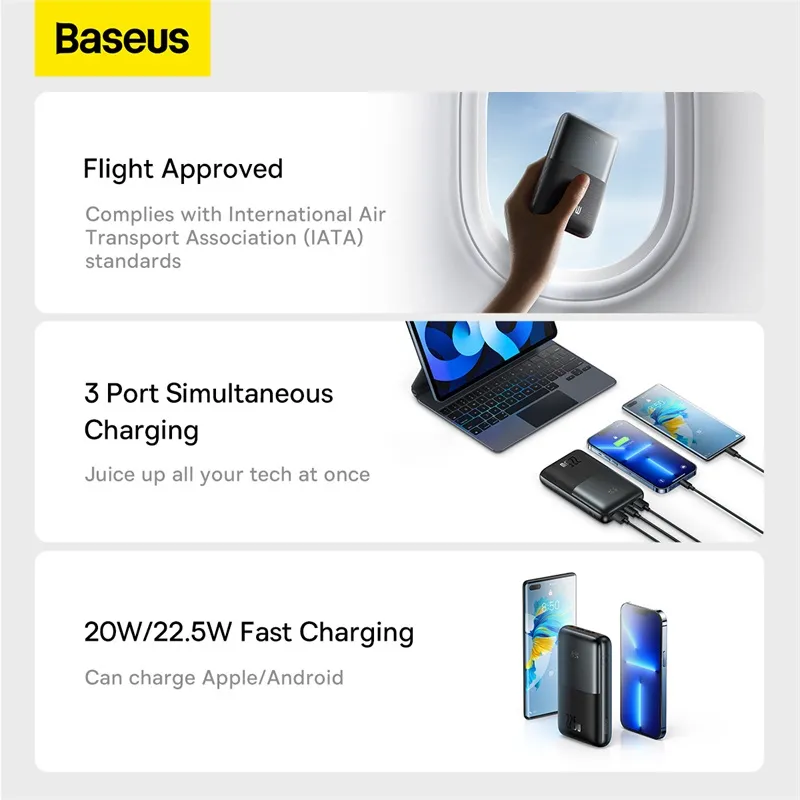 BASEUS POWER BANK 20000MAH 22,5W PD Chargeur de batterie externe portable Fast Charge pour iPhone 14 12 13 Pro Samsung Xiaomi