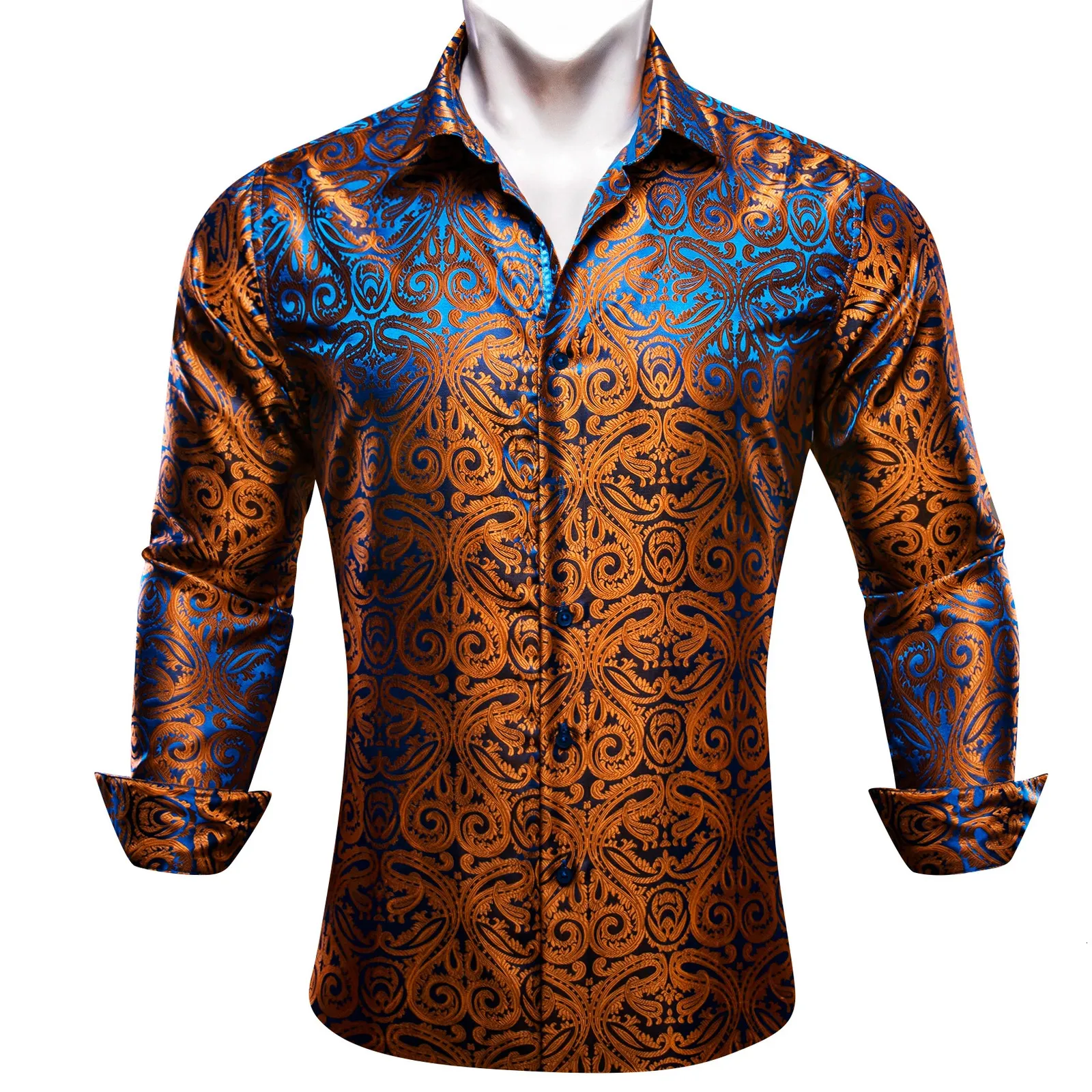 Designer Silk Shirts for Men Blue Gold Green Red White Black Paisley Embroidered Slim Fit Male Blouses Casual Long Sleeve 240407