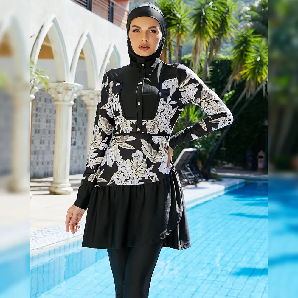 2024 Frauen Islamische muslimische Badeanzug Kleidung Arabisch Badeanzug Damen Hijab Burkinis 3 PCs Muslim Badarm Langarm Burkinis