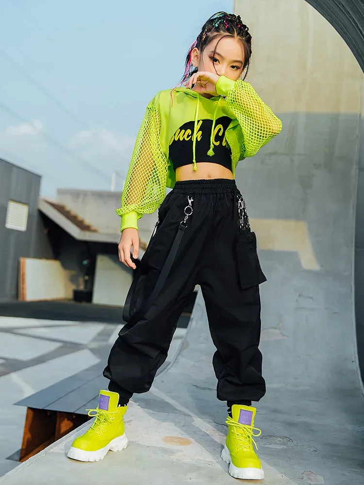 Costume de jazz Hip Hop Girls Vêtements Green Tops Net Sleeve Black Hip Hop Pantalons pour les enfants Performance MODER