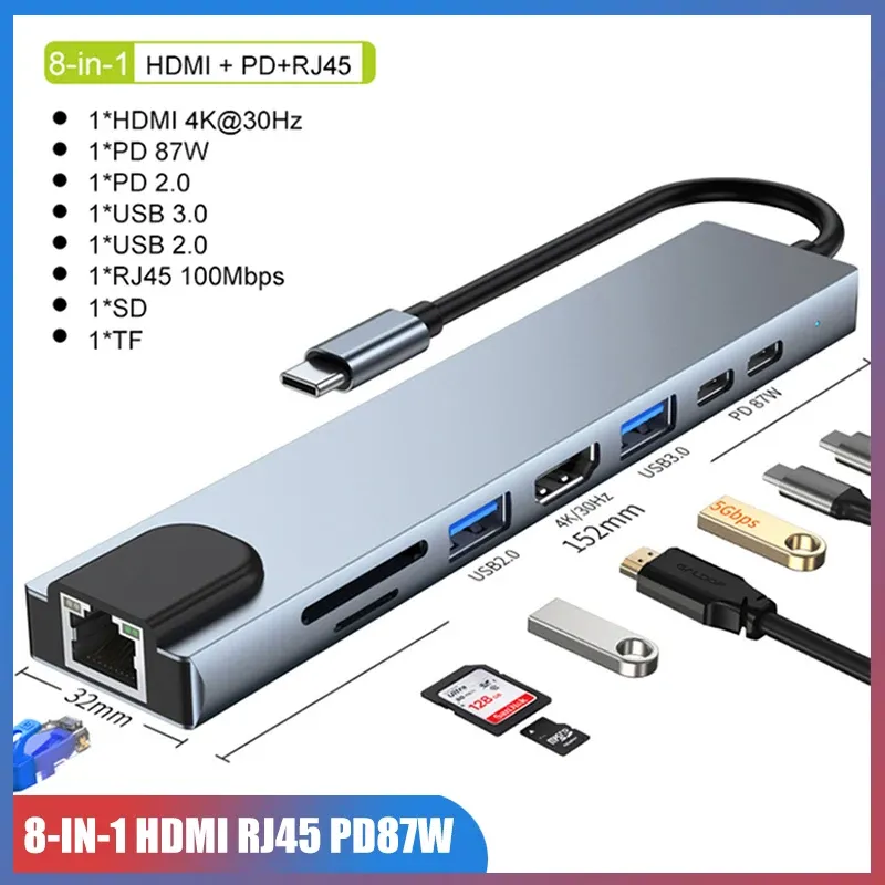 Hubs hub USB C Hub 3.0 a HDMI 4K 100 MBPS RJ45 USB a Tipo C Station Laptop Adapte Strip di potenza USB con PD SD TF per MacBook Air iPad