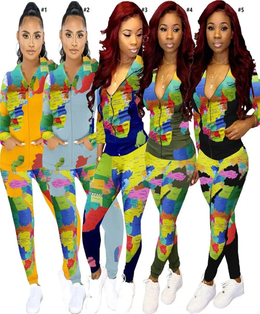 Map Print Hooded Capual Pak Dames Tracksuit Hoodie Zip Jacket Zipperjas en broek Leggings Twee -delige Outfits Set Set D1025616562