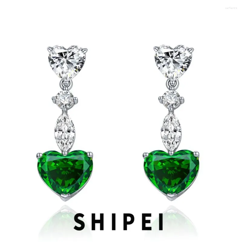 Bengelen oorbellen Shipei Solid 925 Sterling Silver Heart 5ct Emerald White Sapphire Gemstone trouwfeest Fine Jewelry For Women