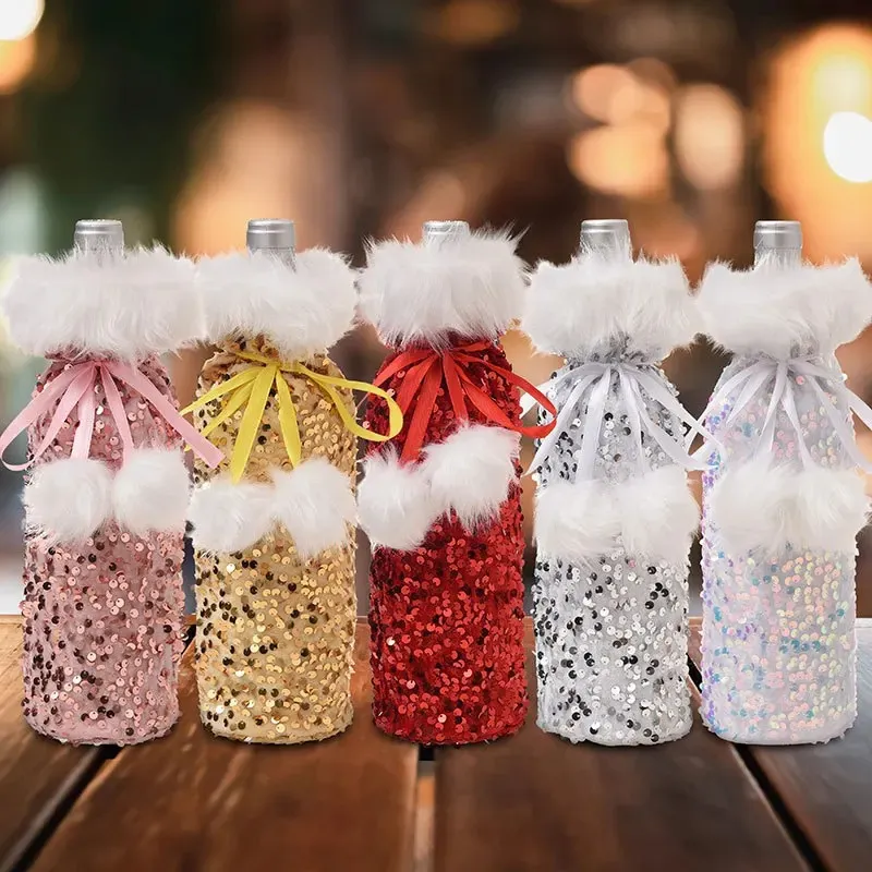 Christmas Wine Decorations for Home Sequin Cloth Wine Bottle Cover Snowman Stocking Gift Holders Xmas Navidad Decor New Year