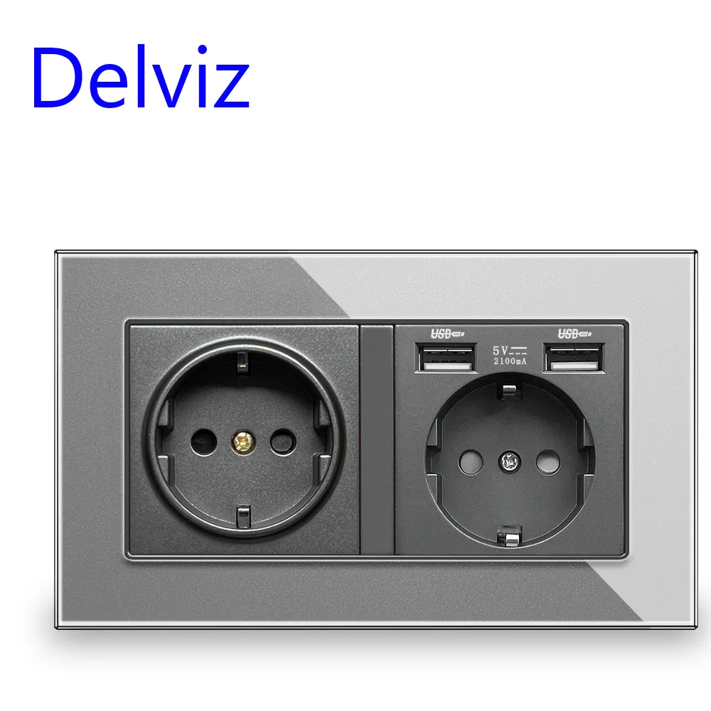 Delviz EU Standard USB -uttag, 5V 2A Kvalitet USB -laddningshål, grå kristallglaspanel, 110 ~ 250V 16A Power Wall Double Outlet