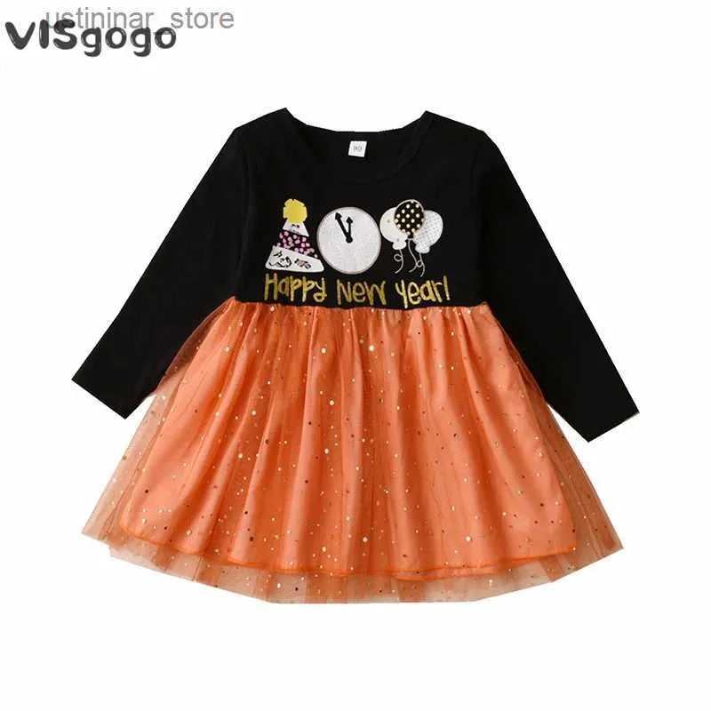 Abiti da ragazza Visgogo Kids Girl Abito a capodanno a manica lunga stampa a sequestro Abito A-Line per bambini abiti casual di primavera per bambini L47