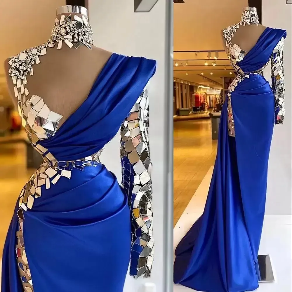 Royal Blue Luxury Pärled Crystal African Evening Dresses Aso Ebi Mermaid Prom Dress One Long Sleeve Formal Dresses for Women