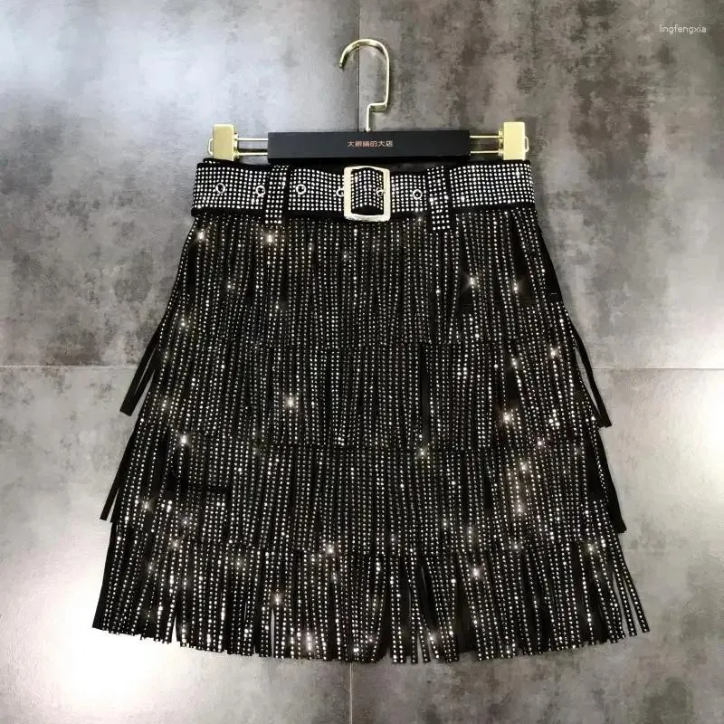 Skirts Women Skirt Fashion 2024 Autumn High Waist Belt Multi Layer Short Heavy Drilling Rhinestones Fringed With Cake A Line