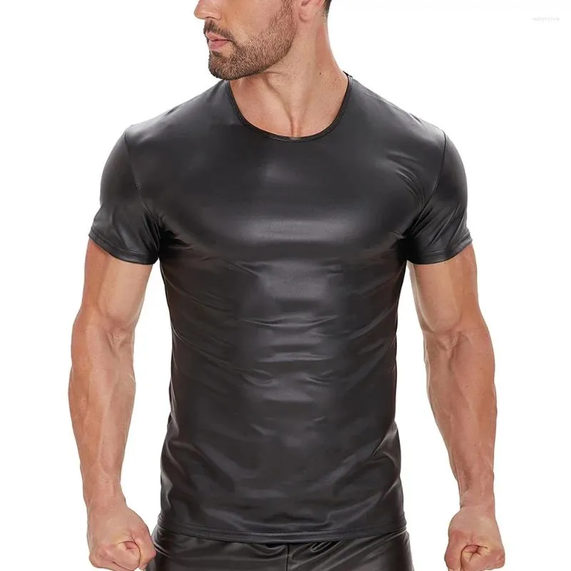 Erkekler Tişörtler Erkekler Seksi Pu Deri Kısa Kollu T-Shirt Sıradan Fitness Sport Üstleri Canlandırıcı Kostüm Kulüp Giysileri